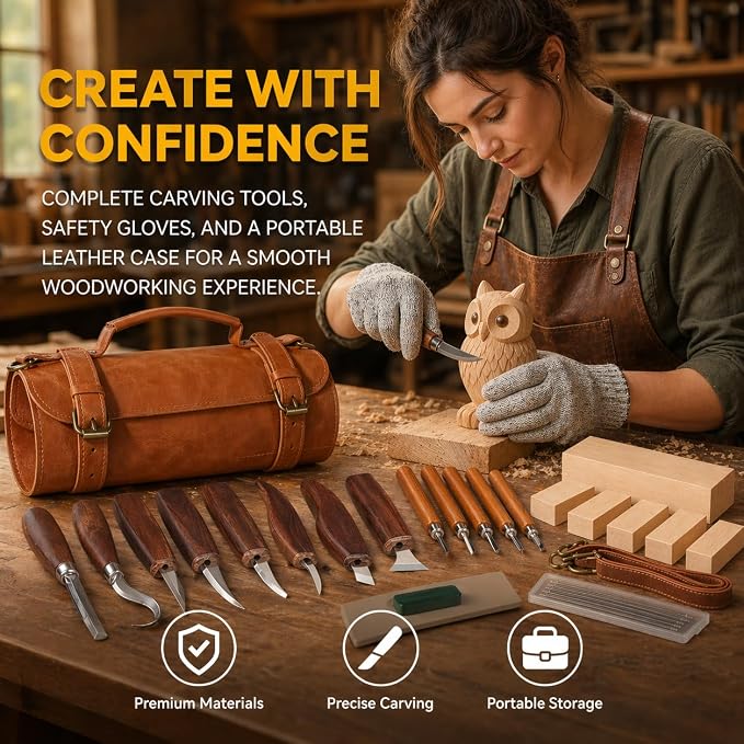 Deluxe Wood Carving Kit, High-Carbon Steel Knives, Safety Gloves, Woodworking - Image 3