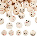 OLYCRAFT 40Pcs 5 Style Smiling Face Wooden Beads 25mm Round Painted Wooden Beads by OLYCRAFT