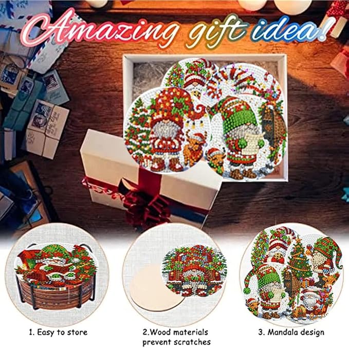 8 Pack Diamond Art Coasters, Christmas Gnome Diamond Painting Coasters Kits | - Image 5