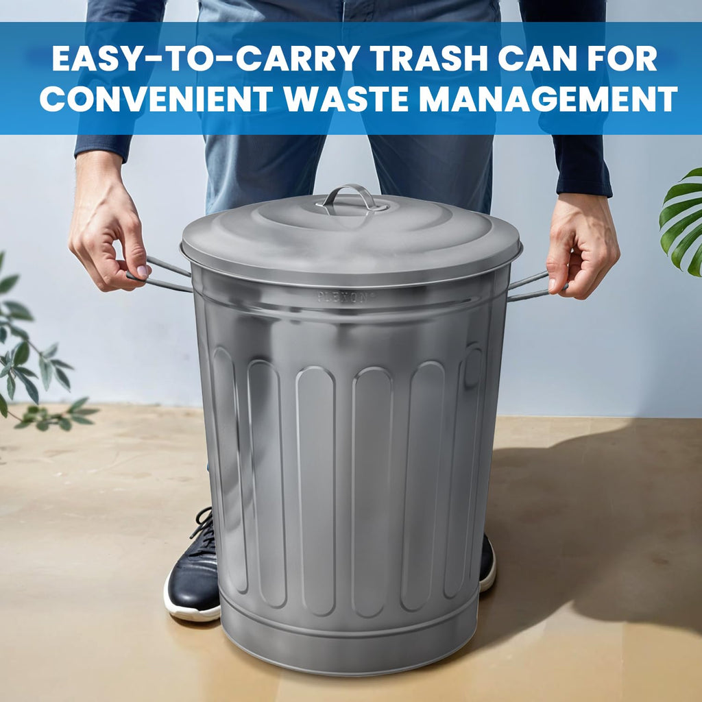 Plexon Round Trash Can 13 Gallon, Vintage Metal Outdoor Trash Can with Lid, Retro Farmhouse Garbage Container, Old School Modern Ash Bucket, Galvanized Steel 3 Pack