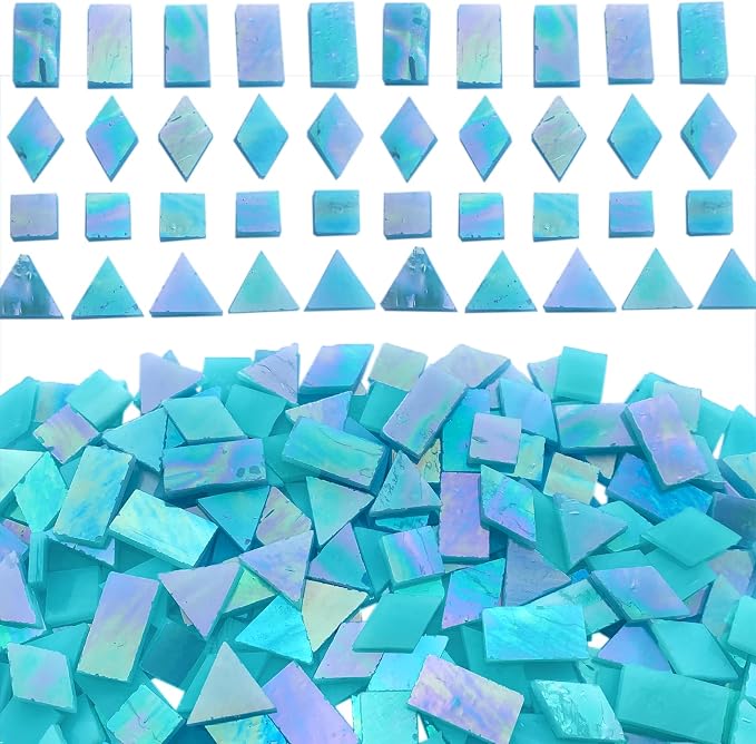 Iridescent Aqua Stained Glass Mosaic Tiles, 280 Pieces Mixed 4 Shapes Stained by KALUCION