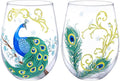 NymphFable Wine Tumbler Hand Painted Stemless Wine Glasses Peacock Set of 2 by NymphFable