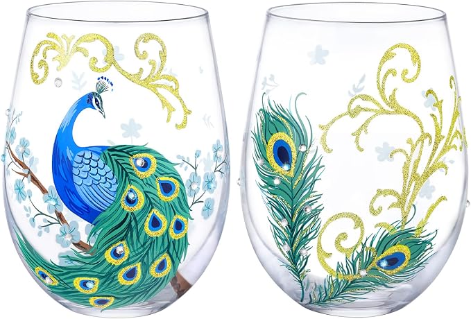 NymphFable Wine Tumbler Hand Painted Stemless Wine Glasses Peacock Set of 2 by NymphFable