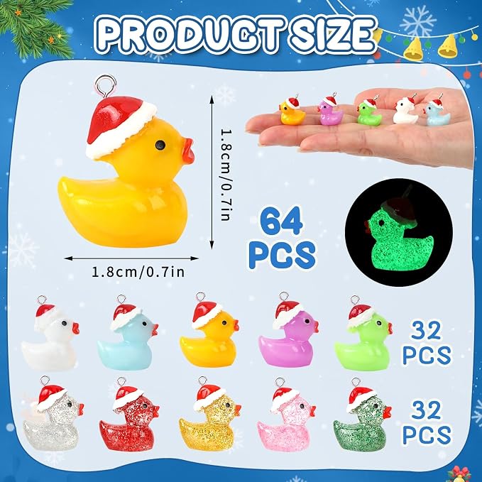 Augshy 64Pcs Christmas Resin Duck Charm, Luminous Glitter Mini Duck Pendant | - Image 2