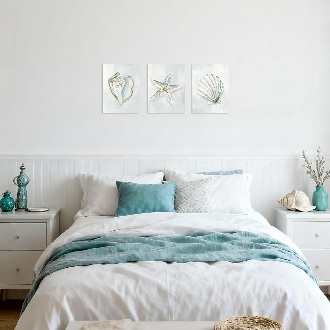 Seashell Bathroom Decor Blue Conch Scallop Starfish Canvas Wall Art Modern - Image 4