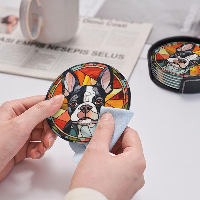 Drink Coaster Set of 6, Boston Terrier Dog Mom Lover Gift, Leather Drink - Image 7