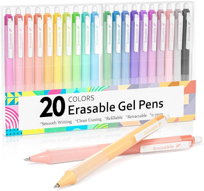 Lineon Erasable Gel Pens, 20 Colors Retractable 0.7mm Fine Point Erasable Pens by ShuttleArt