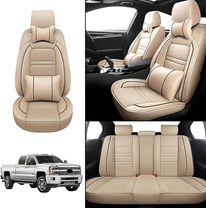 Car Seat Covers for Chevy Silverado 2007-2025 | 5-Seats Seat Covers, Waterproof Seat Protectors, Automotive Seat Covers (Full Set with Pillow,Beige)