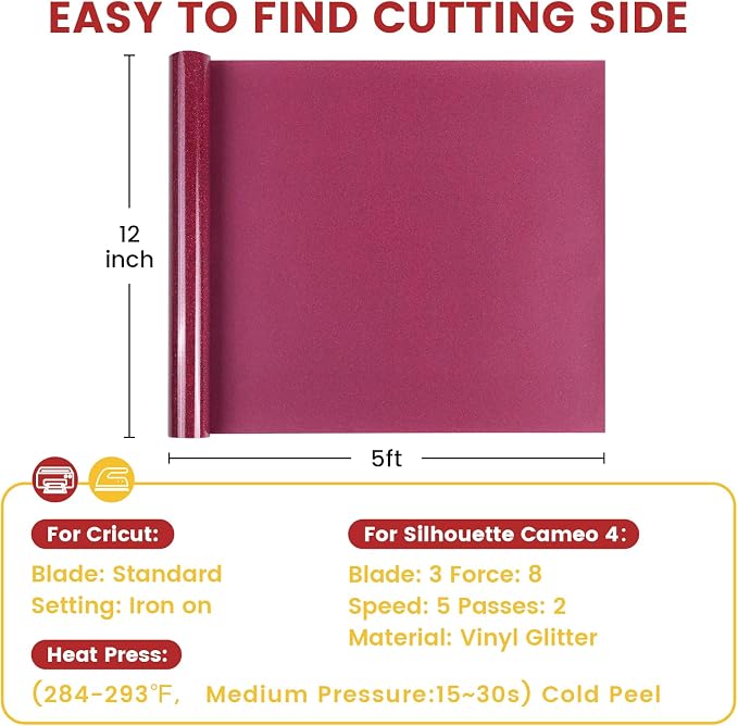 DUEUIOE Glitter Heat Transfer Vinyl Rolls 12" x 5FT Rose Red - Image 2