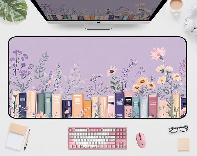 Purple Book Desk Pad Mat XXL, Lavender Flower Large Mousepad, Game Desk Mat by Unknown