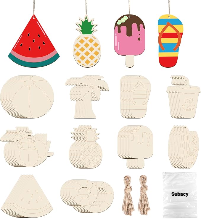 Subacy 80 PCS Unfinished Wood Cutouts 10 Styles DIY Wooden Summer Ornaments by GRADUATIONDECORATIONS