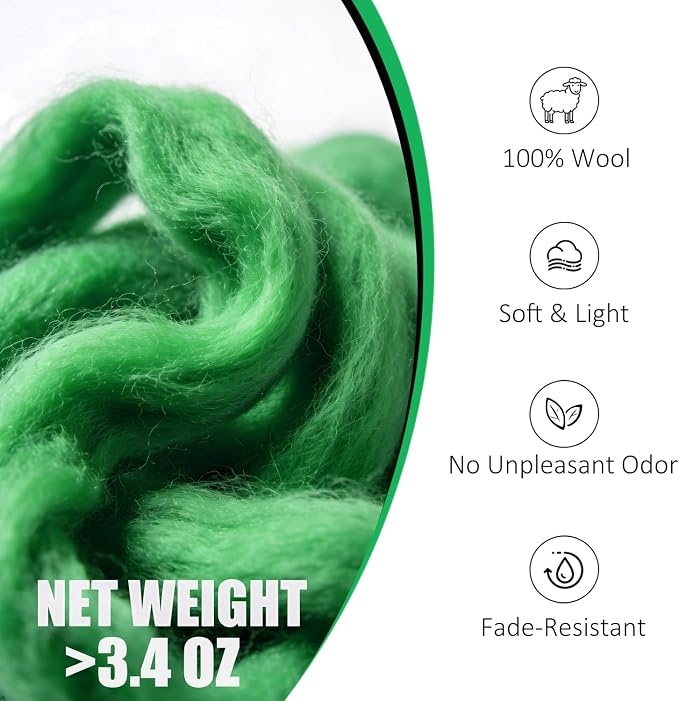 3.4oz Felting Wool Jolly Green, Needle Felting Wool, Wool Roving - Image 2