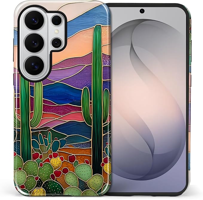 for Samsung Galaxy S26 Ultra Case, Stained Glass Cactus Pattern Glossy 2 in 1 - Image 2