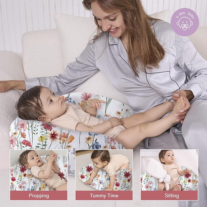 Little Grape Land Nursing Pillow,Upgraded Breast Feeding Pillow for Mom,Breastfeeding & Bottle Feeding for 0–16 Months, Soft Machine Washable Cover with Firm Breathable Filling, Tummy Time,Flower