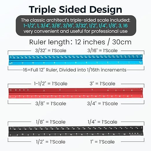 Rena Chris 2PCS Architectural Scale Ruler: 12" Imperial Aluminum Alloy Metal - Image 4