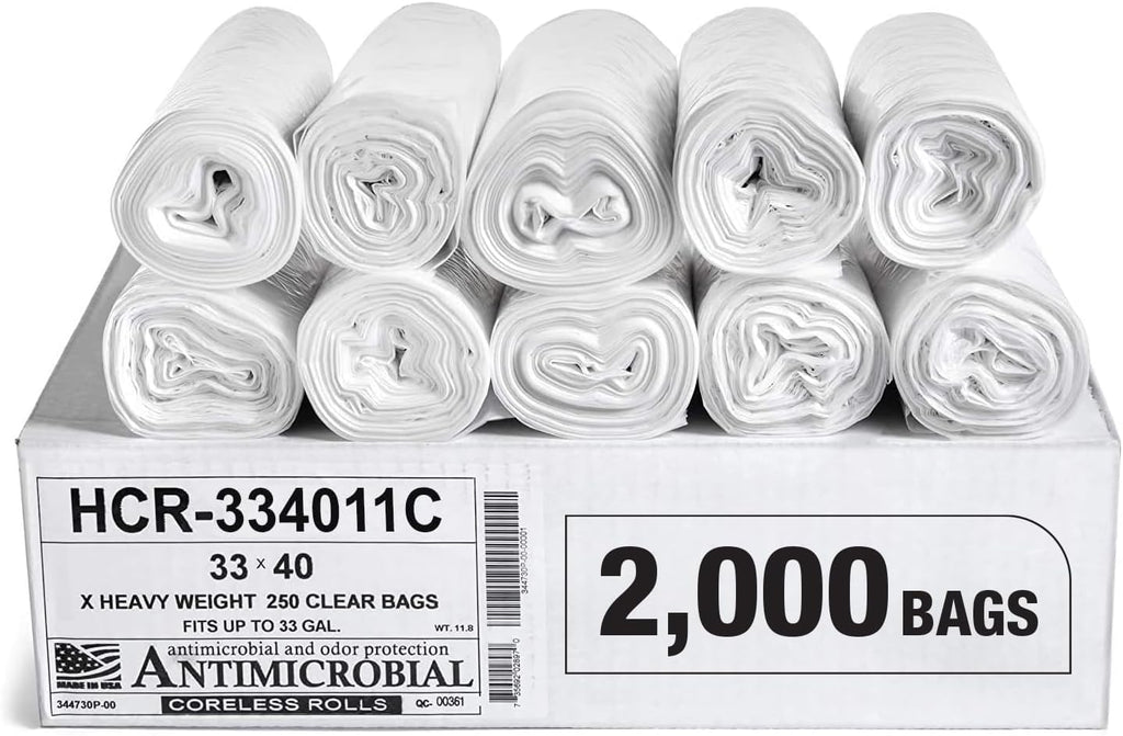 Aluf Plastics High Density Trash Bags, 33 Gallon, 2000 Count, 11 Micron (eq), 33" x 40", Clear, for Bathroom, Office, Industrial, Commercial, Janitorial, Municipal, Recycling