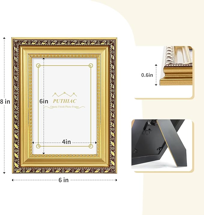 puthiac 4x6 Gold Picture Frame Set of 3, Vintage Ornate Decorative Photo Frames - Image 4