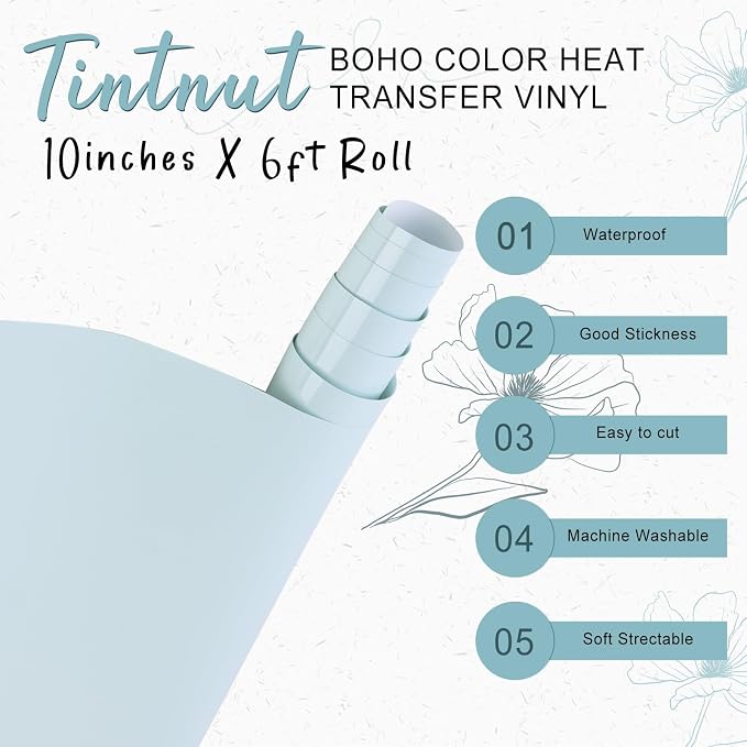 Tintnut Sky Blue Heat Transfer Vinyl, 10inx6ft Iron on Vinyl | Neutral boho PU - Image 2