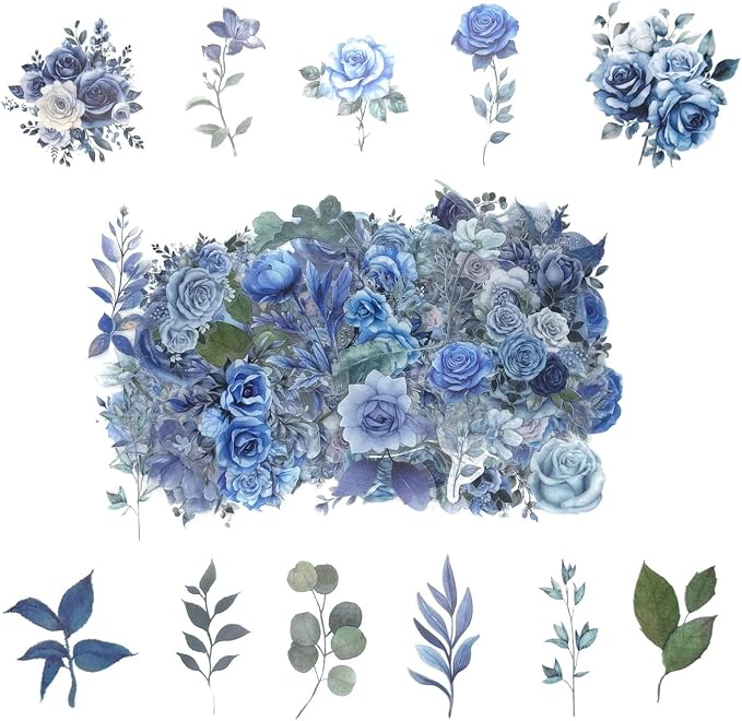 100 Pcs Blue Flower Stickers, Wildflower Stickers by Obujopal
