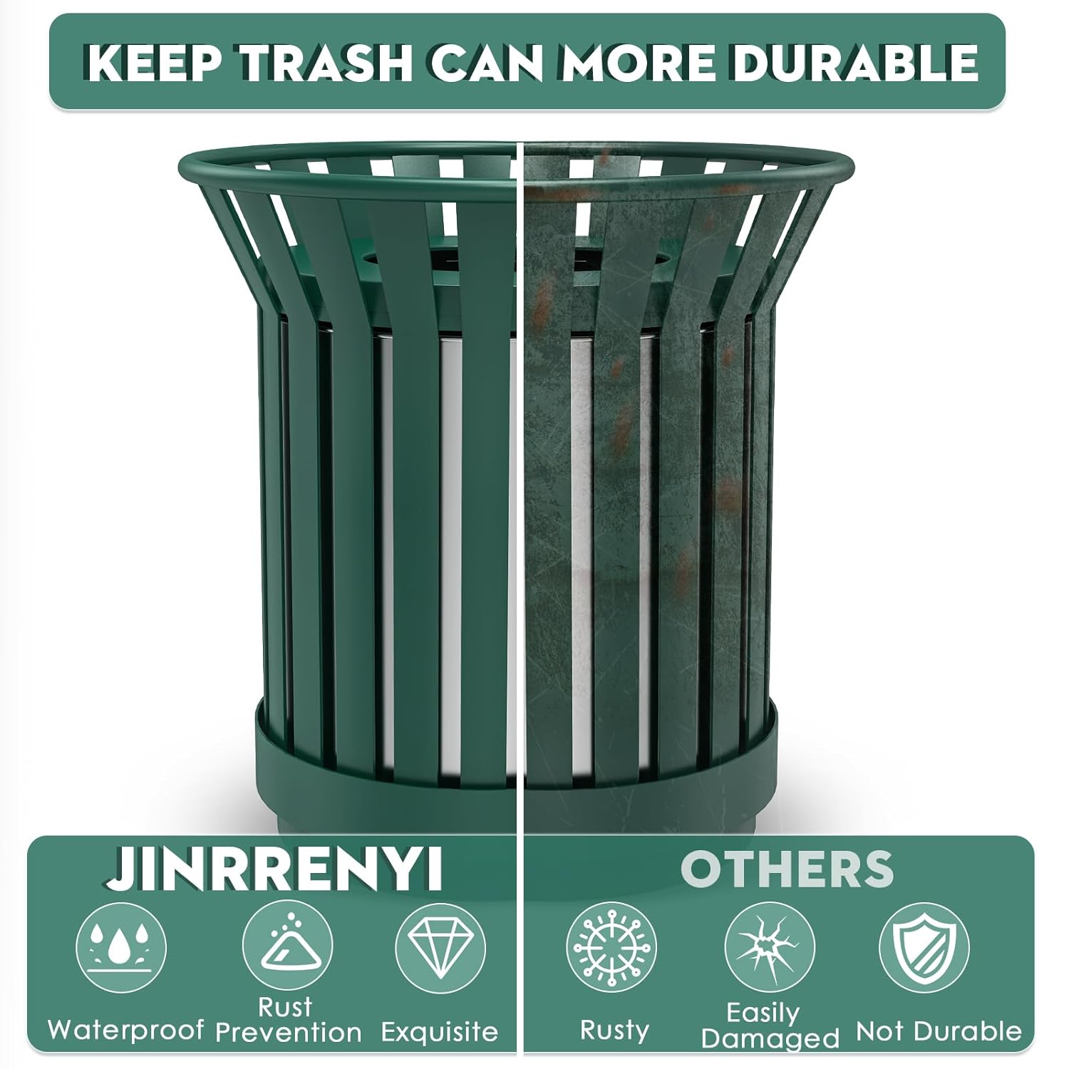 Round Heavy Duty Outdoor Trash Can, Large Metal Slatted Garbage Can for All Weather Resistant, Commercial Garbage Cans, Waste Receptacle in Park, Beach, Patio (Green, Large)