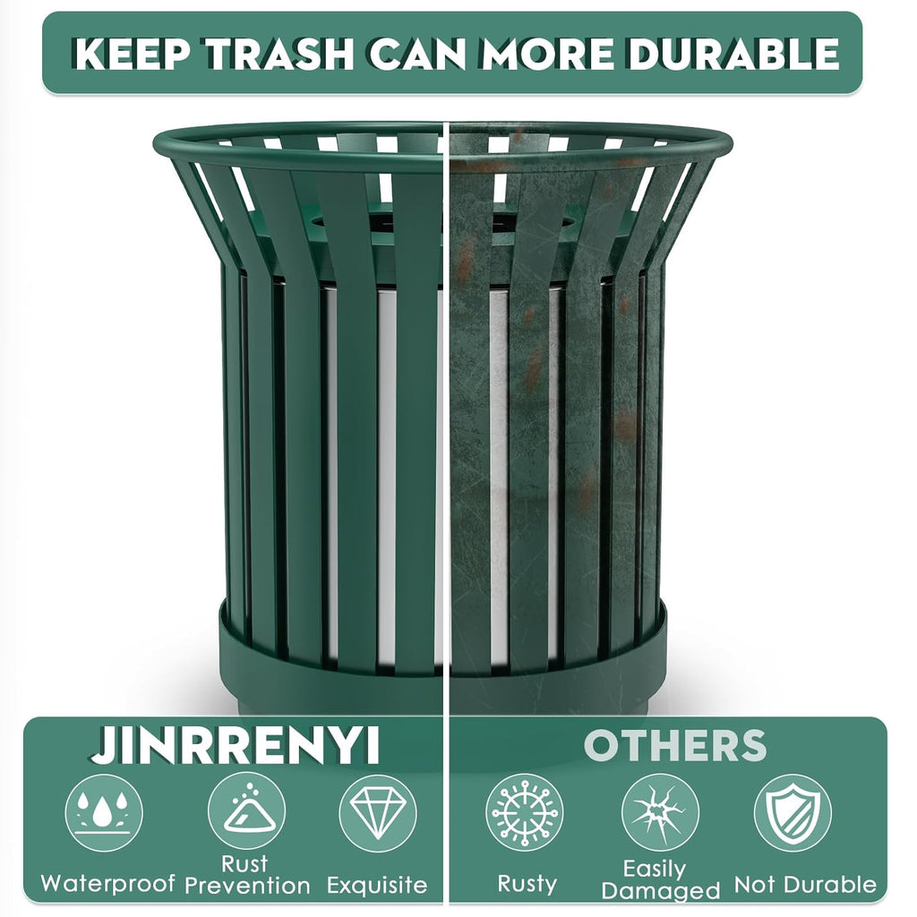 Round Heavy Duty Outdoor Trash Can, Large Metal Slatted Garbage Can for All Weather Resistant, Commercial Garbage Cans, Waste Receptacle in Park, Beach, Patio (Green, Medium)