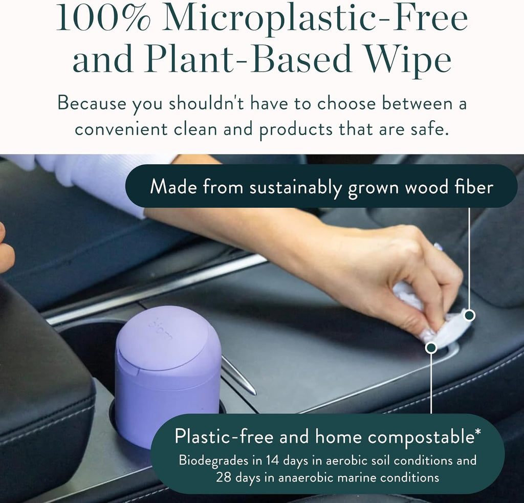 Biom Mini Dispenser + All-Purpose Wipes Starter Kit - Grapefruit Scented Cleaning Wipes | Fits in Car Cup Holder | Biodegradable Plant-Based Cleaner | Kid & Pet Friendly, Natural, Non-Toxic (Lilac)