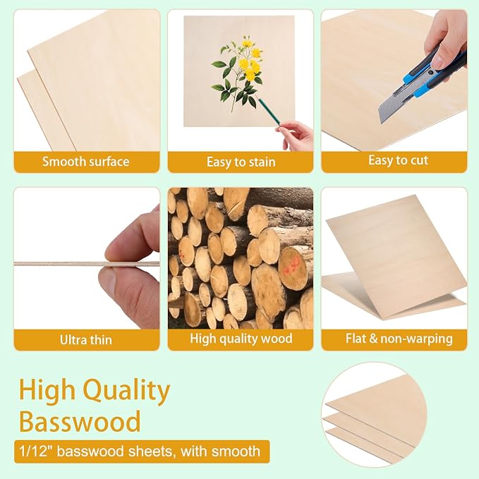 4 Pack Basswood Sheets 12x12x1/12 Inch, Plywood Sheet Unfinished Wood Boards - Image 3