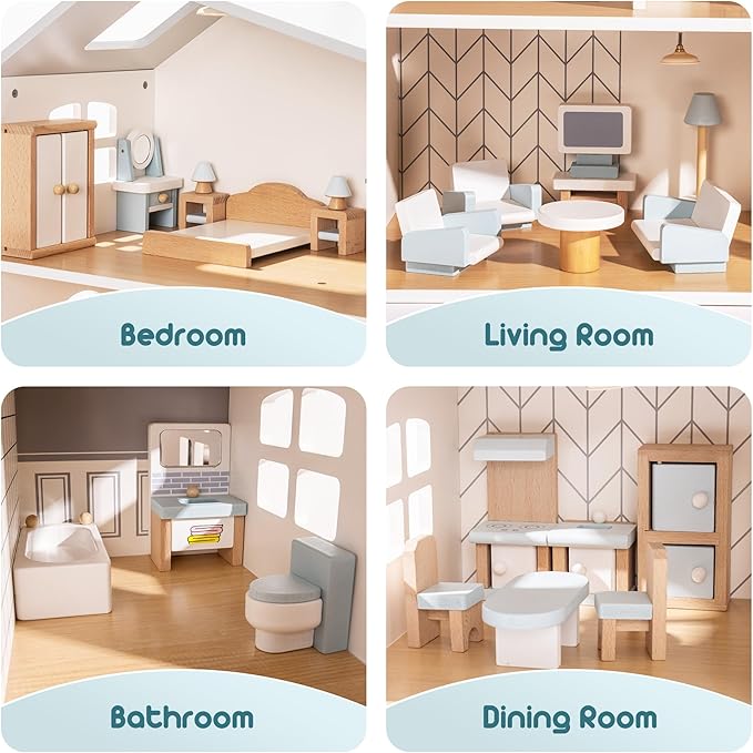 ROBUD Wooden Dollhouse Furniture Set, Miniature Furniture Including 5 Room Kits - Image 2
