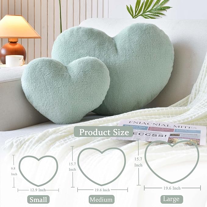 Sage Green Heart Pillows, Cute Heart Decorative Pillow, Heart Shaped Throw Pillows for Bed, Faux Rabbit Fur Plush Hoom Decor Pillow Cushion for Chair Sofa Living Room (Mini 12.9" x 9.8")