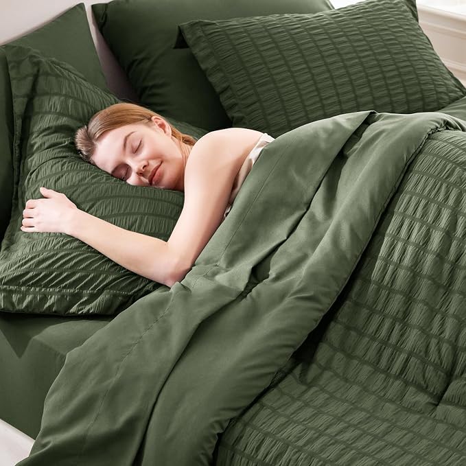 CozyLux Queen Comforter Set Olive Green Seersucker 7 Pieces Bed in a Bag Queen - Image 5