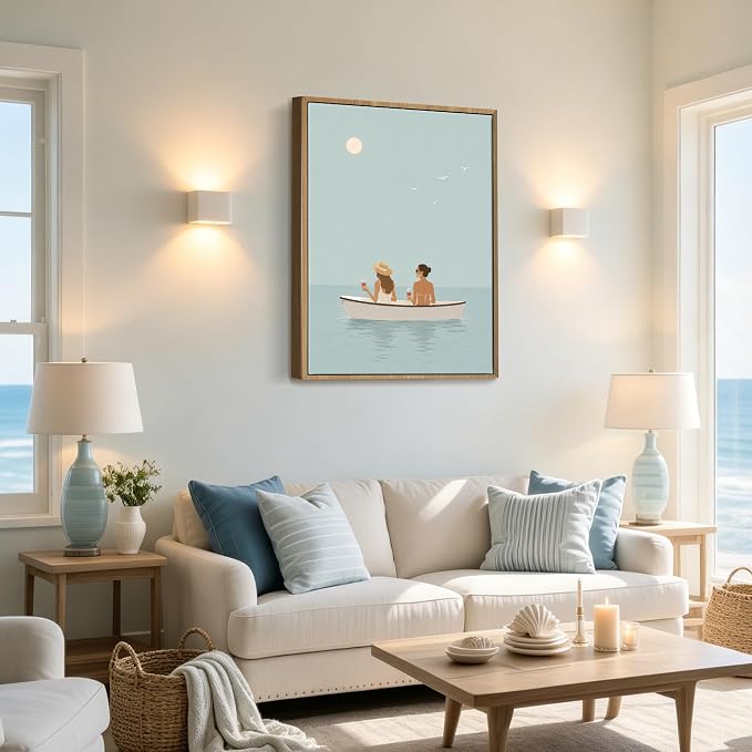 Framed Coastal Women Boat Canvas Wall Art Minimalist Calm Ocean - Image 8