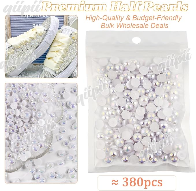 qiipii 380PCS 8mm White AB Round Half Round Pearls - Image 2