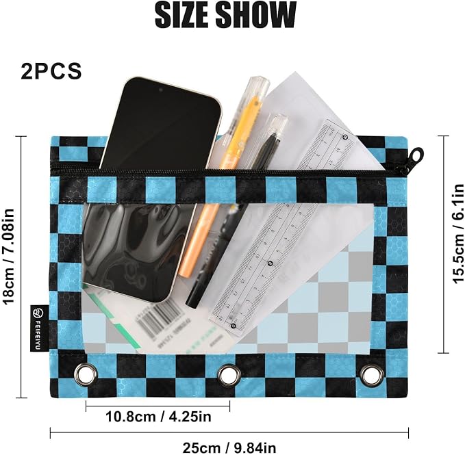 Custom Black Blue Checkered Pattern Pencil Pouch - Image 3
