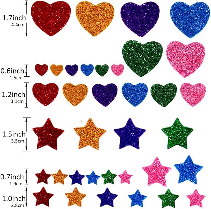 260 Pieces Colorful Glitter Foam Stickers Self Adhesive Stars Mini Heart Shapes - Image 6