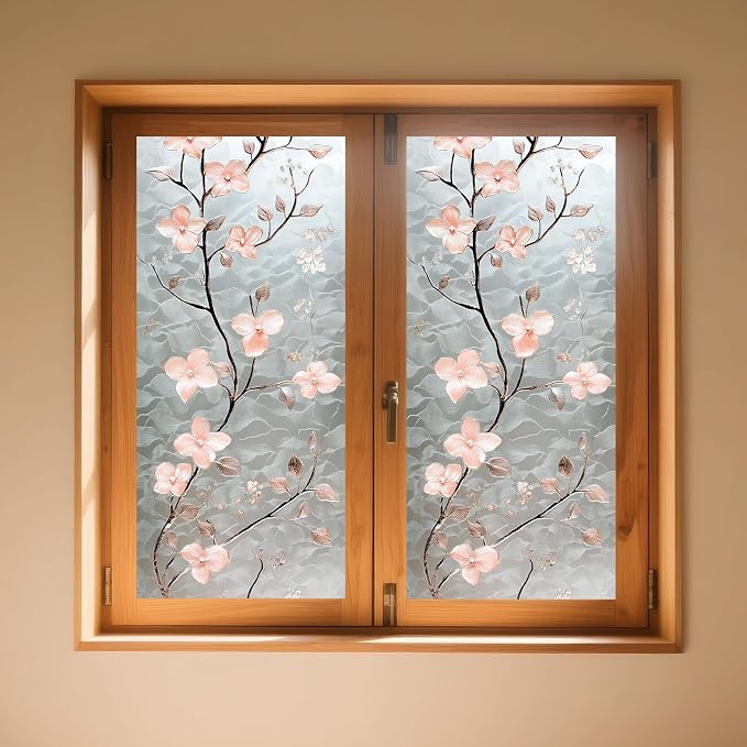 IVN Privacy Window Film Stained Glass Window Cling Pink Blossom Design - Image 2