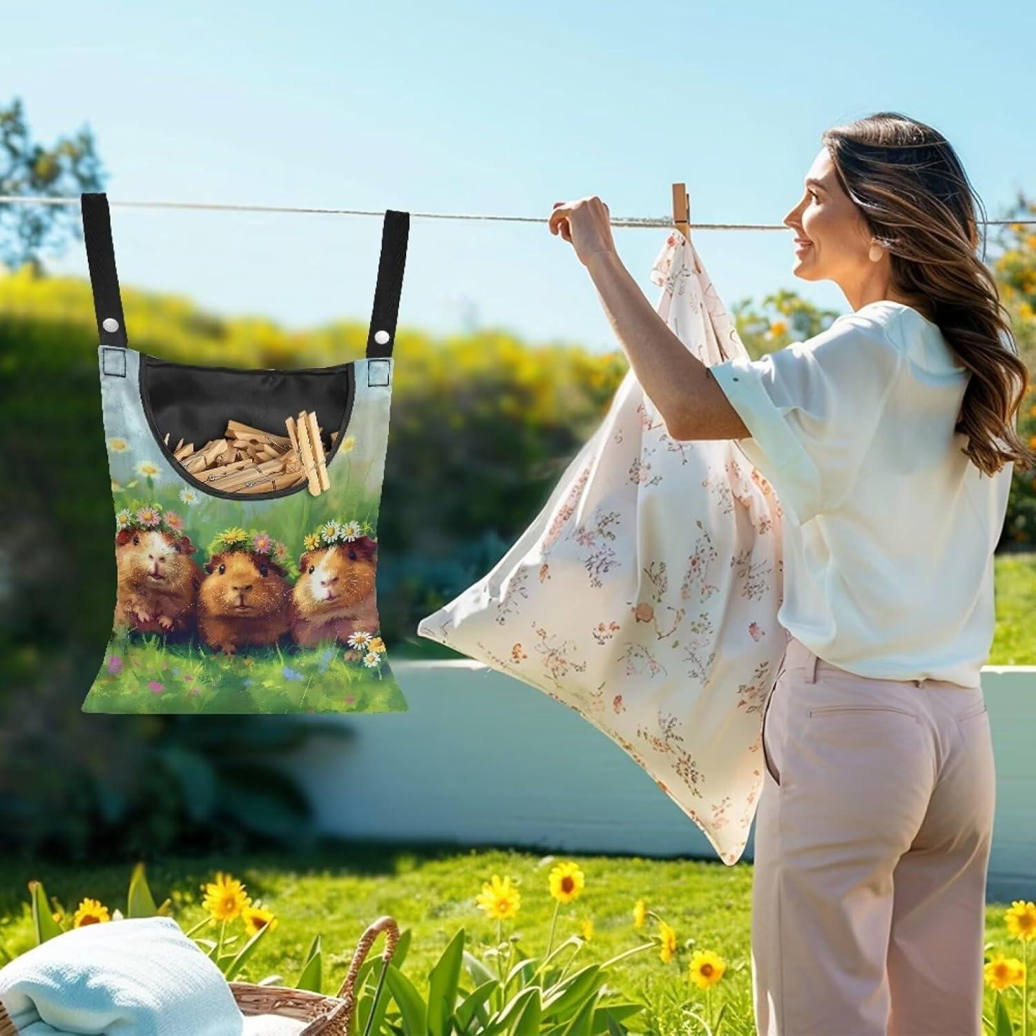 Guinea Pig Clothespin Bag Space-Saving Laundry Hanging Storage Organizer Clothes Pin Hanging Bag with Rope Holds 100 Clothes Pins for Clothesline Outdoor Portable Clothespin Storage