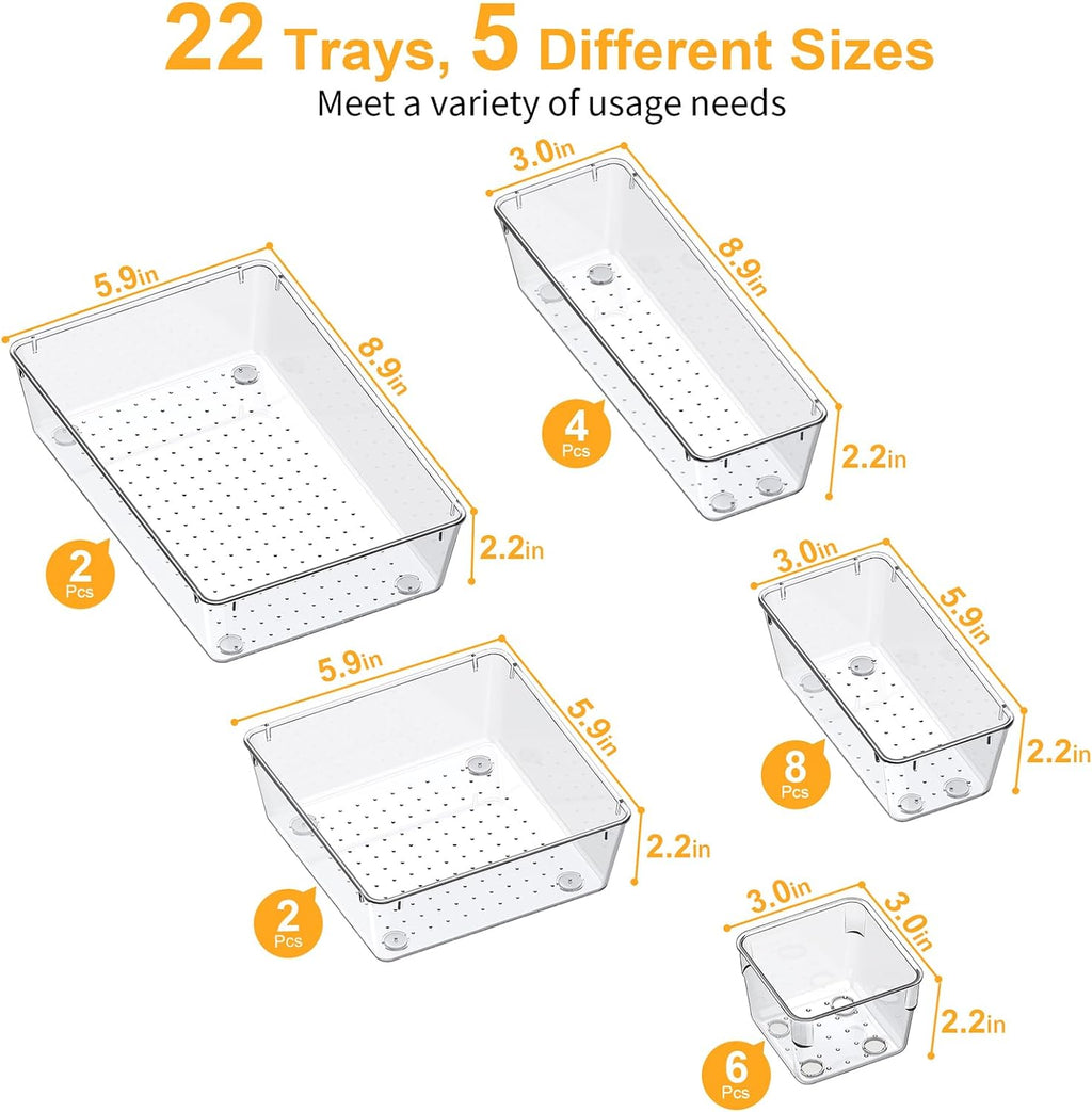 SMARTAKE 22-Piece Drawer Organizer with Non-Slip Silicone Pads, 5-Size Clear Desk Drawer Organizer Trays Storage Tray for Makeup, Jewelries, Utensils in Bedroom Dresser, Office and Kitchen, Clear