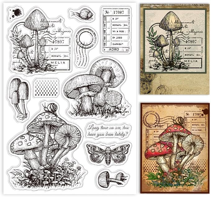 GLOBLELAND Vintage Mushroom Text Clear Stamps by GLOBLELAND