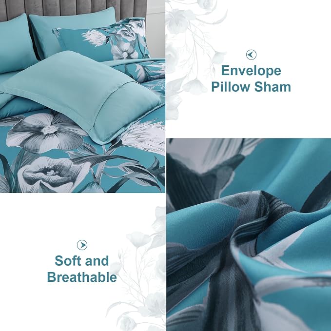 Luxudecor Floral Comforter Set Twin Size 5 Piece, Teal Blue Flower Bed in a Bag - Image 5