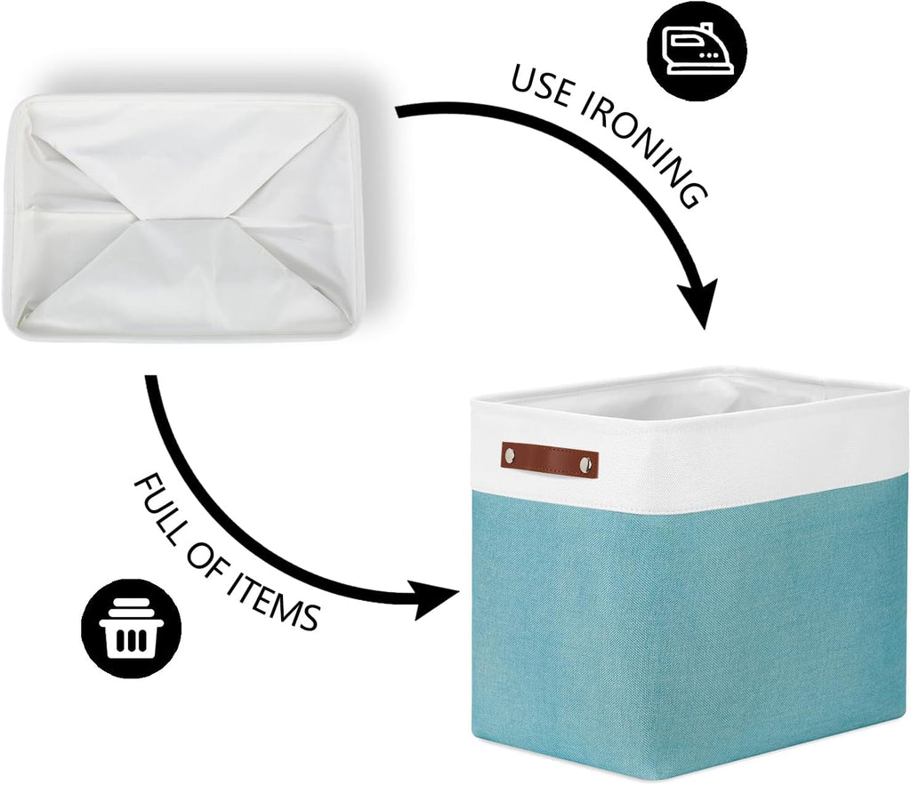 DULLEMELO Extra Large Storage Baskets, Fabric Storage Bins for Organizing Shelves Nursery Toys Books, Closet Baskets and Bins with Handles, White&Teal, 2-Pack