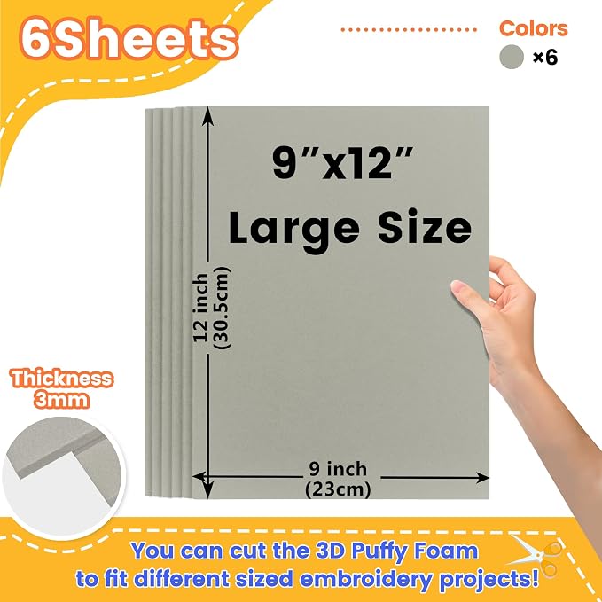 New brothread - 16 Options- 6PCS Embroidery Puffy Foam 9″x12″ Large Size 3MM - Image 2