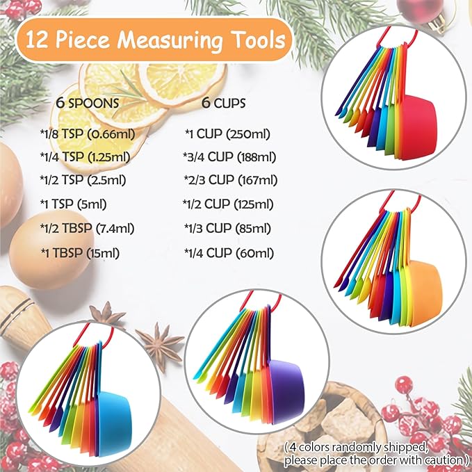 12 Piece Measuring Cups and Spoons Set, Colored Kitchen Measure Tools, Durable - Image 2