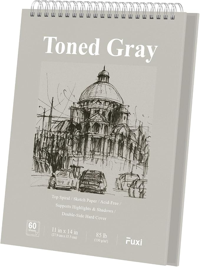 Fuxi Toned Gray Sketchbook 11x14, Large Drawing Pad, 60 Sheets Spiral Bound by SketchBook