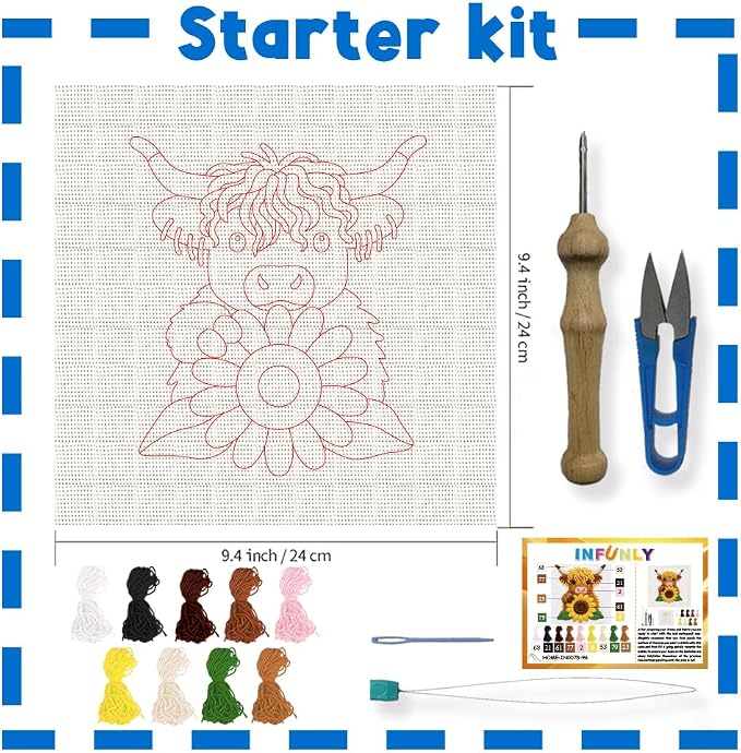 INFUNLY Sunflower Cow Needle Embroidery Kit 9.4" Square Punch Needle Kit - Image 2