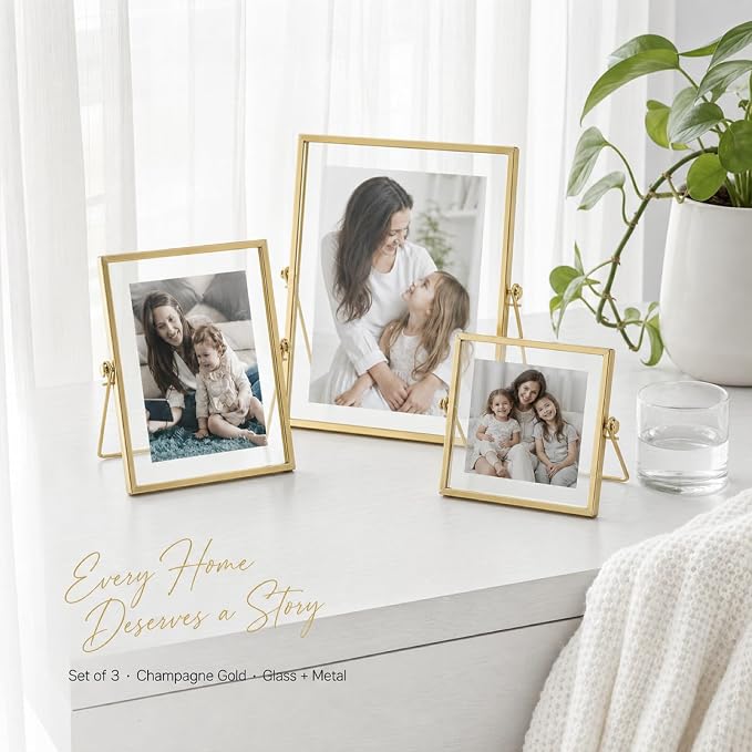 Gold Picture Frames Set of 3 — 4x4 4x6 5x7 Floating Glass Photo Frame Gift | - Image 5