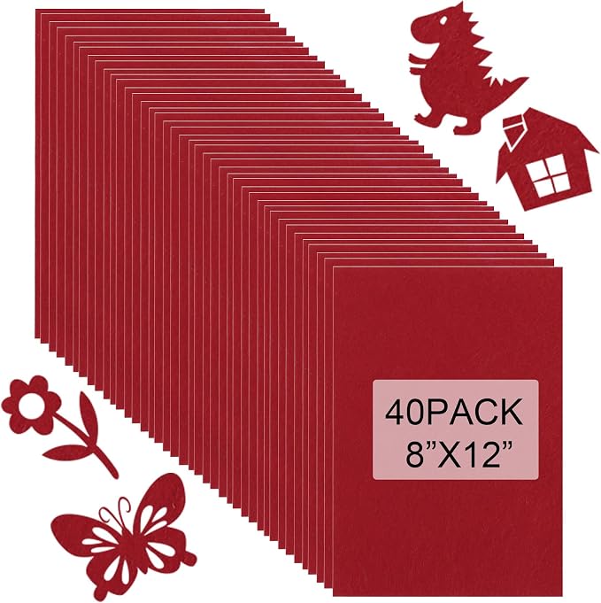 40 Pcs Stiff Felt Fabric Sheet for Crafts, 1mm Thick and 8”x12”Red Felt Fabric by Tiparts