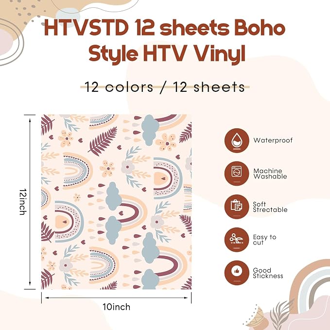 HTVSTD Boho Flower HTV Heat Transfer Vinyl 12pcs 12×10in Iron on Vinyl | Flower - Image 2