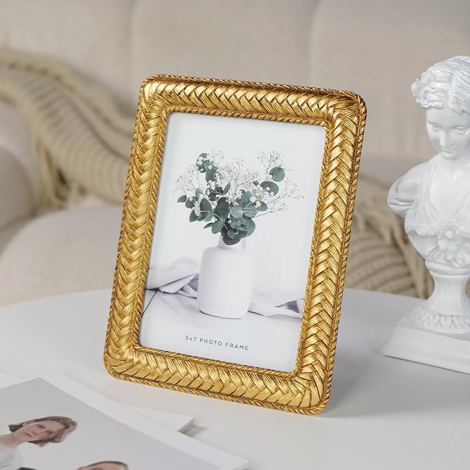 Cuspin 5x7 Gold Picture Frame, Ornate Decorative Rattan Resin Photo Frame - Image 7