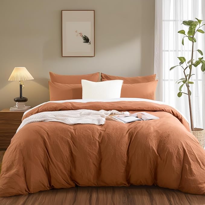 NEXHOME PRO Duvet Cover Set 100% Washed Cotton Full Size Linen Feel Textured - Image 3