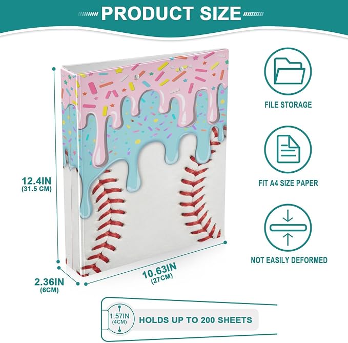 Baseball Red White Stripe Pattern Round Ring Binders 1.5 Inch Ice Cream 3 Ring - Image 4